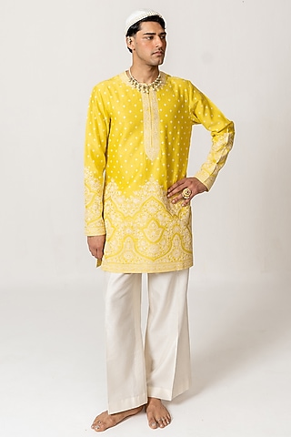 Sunshine Yellow Chanderi Dori Embroidered Handloom Kurta Set by Wabi Sabi Men