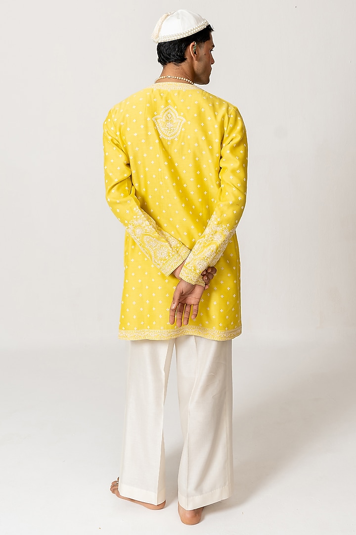 Sunshine Yellow Chanderi Dori Embroidered Handloom Kurta Set by Wabi Sabi Men at Pernia's Pop Up Shop