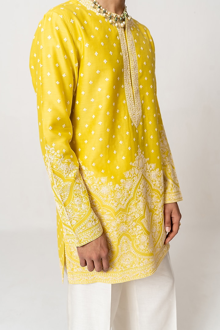 Sunshine Yellow Chanderi Dori Embroidered Handloom Kurta Set by Wabi Sabi Men at Pernia's Pop Up Shop
