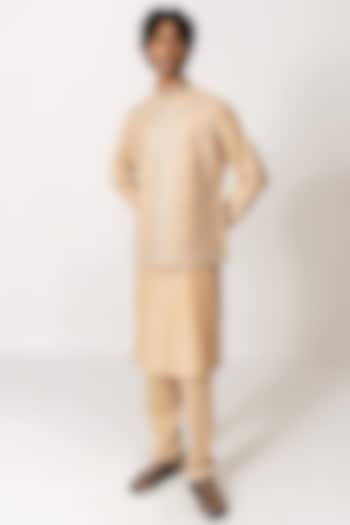 Honey Beige Chanderi Aari Embroidered Bundi Jacket Set by Wabi Sabi Men at Pernia's Pop Up Shop