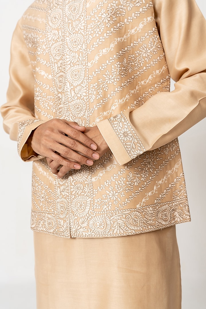 Honey Beige Chanderi Aari Embroidered Bundi Jacket Set by Wabi Sabi Men at Pernia's Pop Up Shop