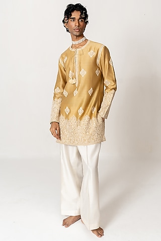 Dusty Mustard Dori Embroidered Handloom Short Kurta Set by Wabi Sabi Men
