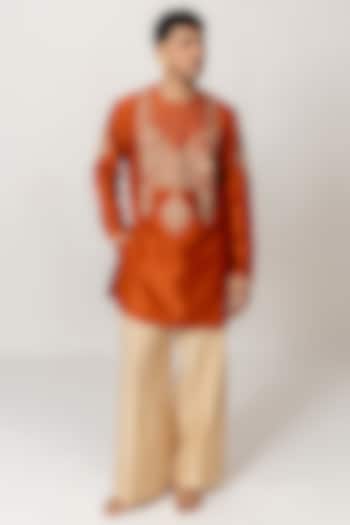Burnt Orange Chanderi Dori Embroidered Handloom Short Kurta Set by Wabi Sabi Men at Pernia's Pop Up Shop