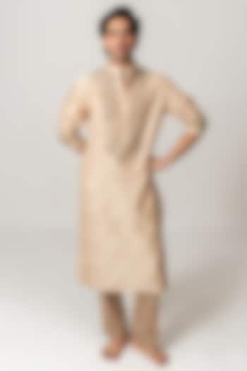 Beige Chanderi Marodi Embroidered Handloom Kurta Set by Wabi Sabi Men at Pernia's Pop Up Shop