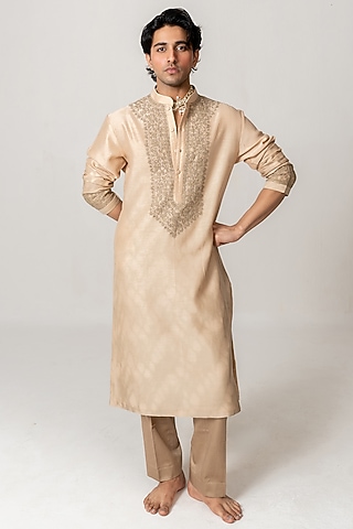 Beige Chanderi Marodi Embroidered Handloom Kurta Set by Wabi Sabi Men