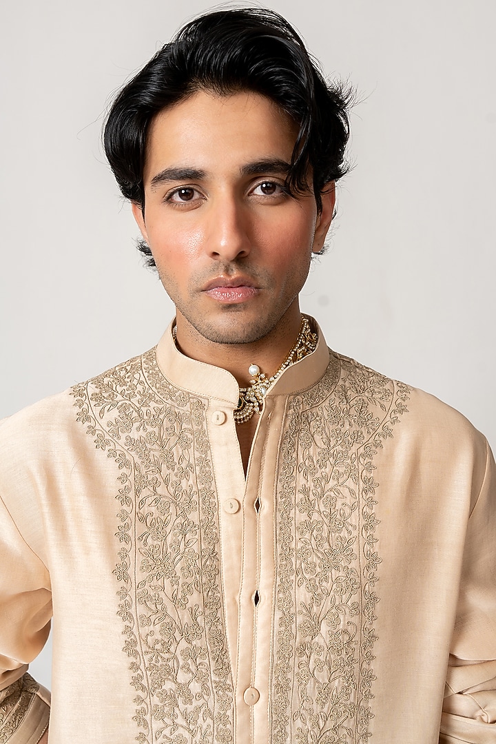 Beige Chanderi Marodi Embroidered Handloom Kurta Set by Wabi Sabi Men at Pernia's Pop Up Shop