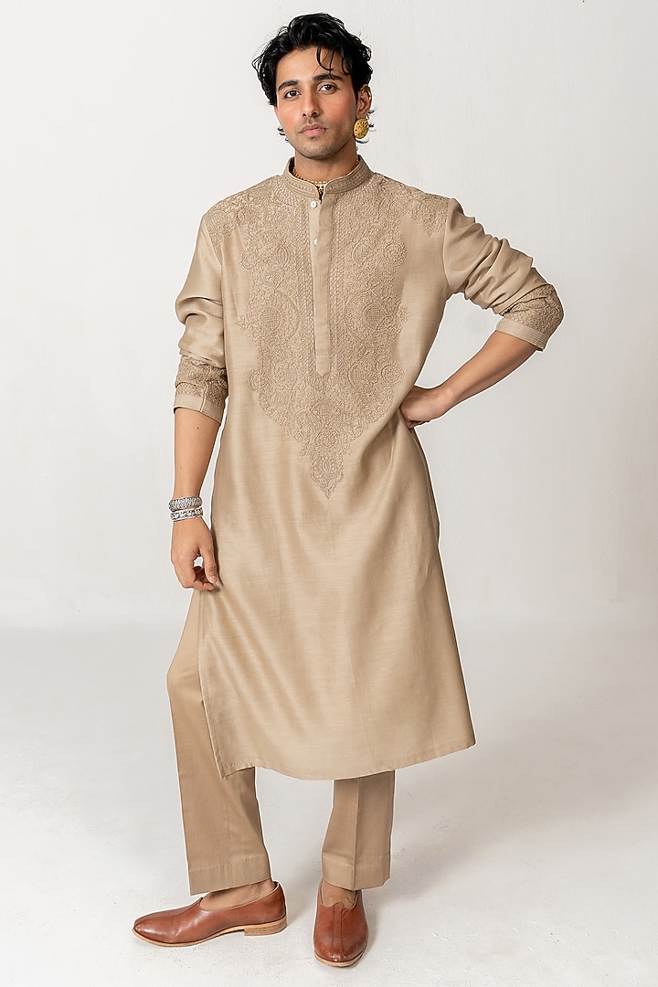 Deep Beige Chanderi Dori Embroidered Handloom Kurta Set by Wabi Sabi Men at Pernia's Pop Up Shop