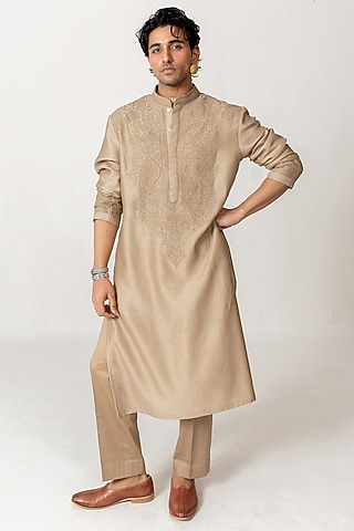 Deep Beige Chanderi Dori Embroidered Handloom Kurta Set by Wabi Sabi Men