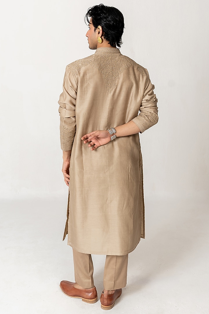 Deep Beige Chanderi Dori Embroidered Handloom Kurta Set by Wabi Sabi Men at Pernia's Pop Up Shop