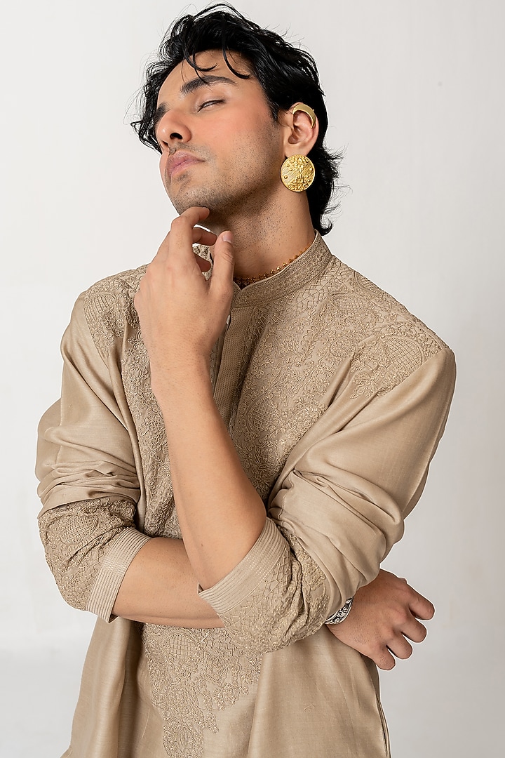 Deep Beige Chanderi Dori Embroidered Handloom Kurta Set by Wabi Sabi Men at Pernia's Pop Up Shop