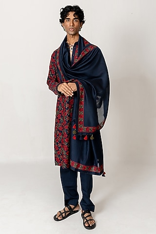 Midnight Blue Chanderi Aari Embroidered Kurta Set by Wabi Sabi Men
