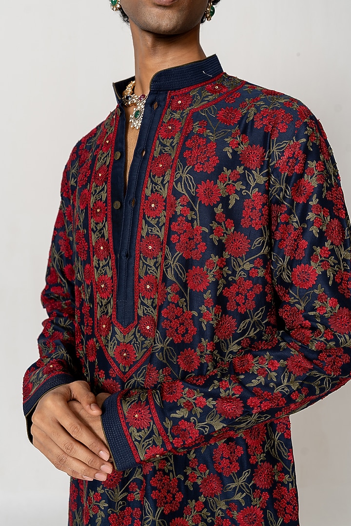 Midnight Blue Chanderi Aari Embroidered Kurta Set by Wabi Sabi Men at Pernia's Pop Up Shop