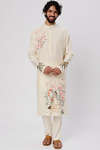 Ivory Chanderi Hand Painted Kurta Set by Wabi Sabi Men