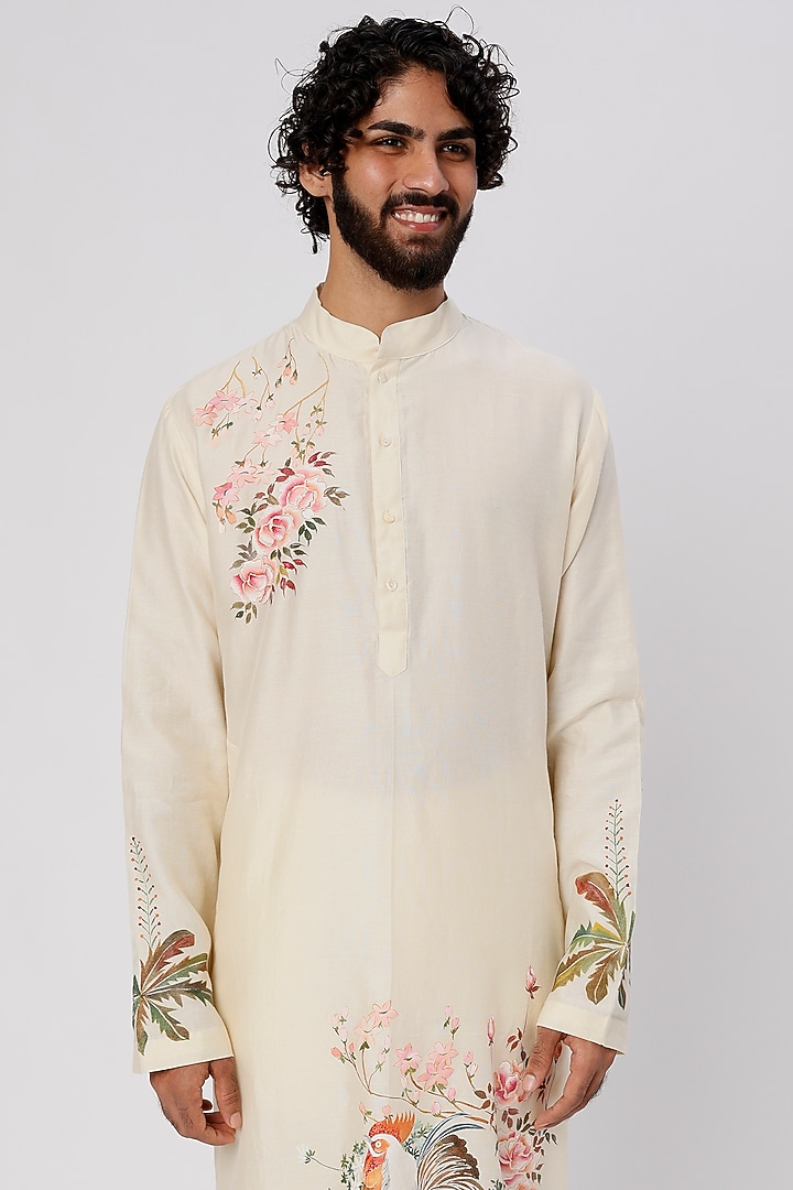 Ivory Chanderi Hand Painted Kurta Set by Wabi Sabi Men at Pernia's Pop Up Shop
