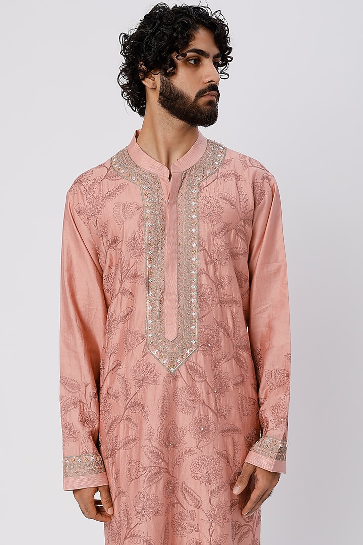 Old Rose Embroidered Kurta Set by Wabi Sabi Men at Pernia's Pop Up Shop