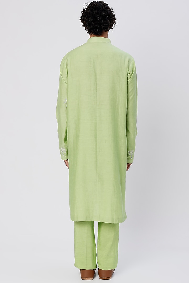 Mint Green Chanderi Handloom Hand Embroidered Kurta Set by Wabi Sabi Men at Pernia's Pop Up Shop