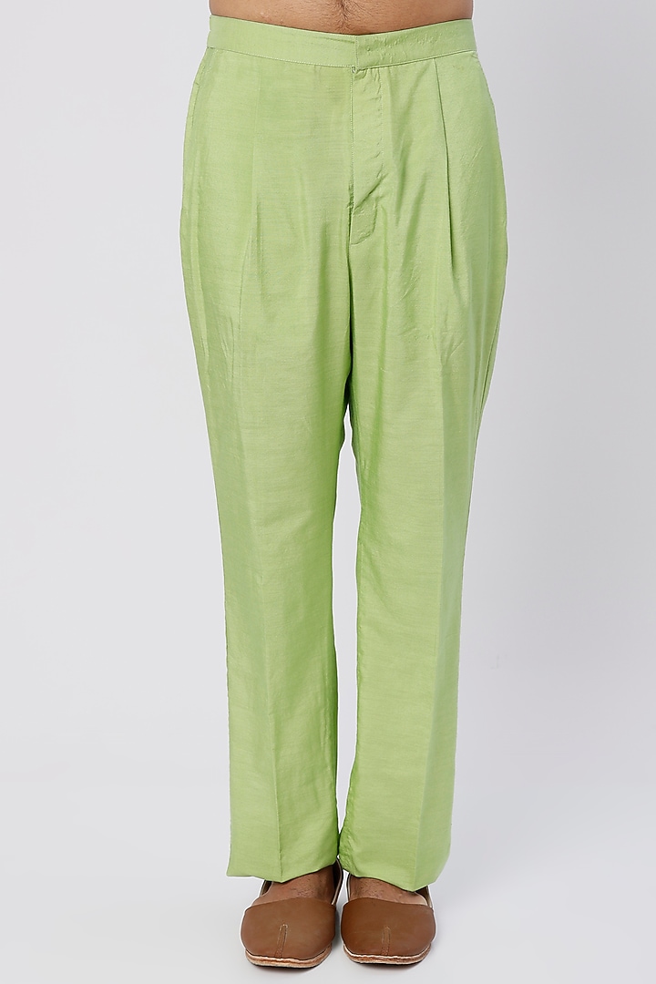 Mint Green Chanderi Handloom Hand Embroidered Kurta Set by Wabi Sabi Men at Pernia's Pop Up Shop
