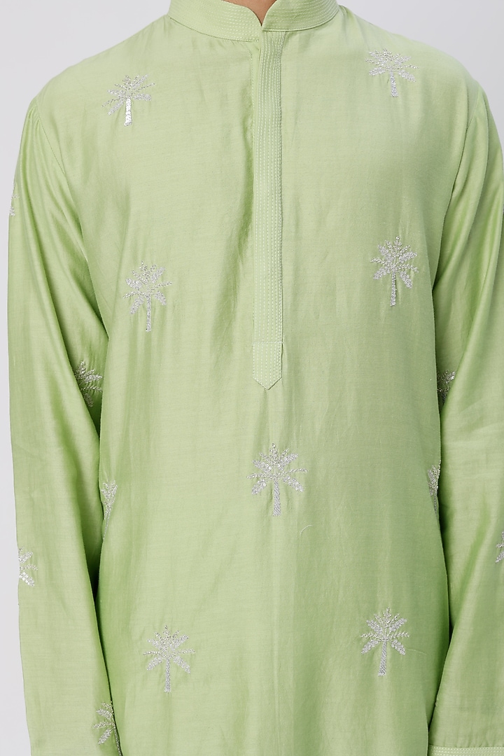 Mint Green Chanderi Handloom Hand Embroidered Kurta Set by Wabi Sabi Men at Pernia's Pop Up Shop