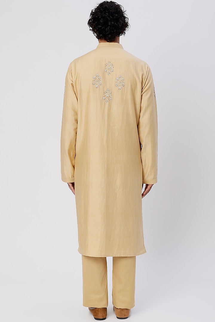 Beige Chanderi Handloom Hand Embroidered Kurta Set by Wabi Sabi Men at Pernia's Pop Up Shop