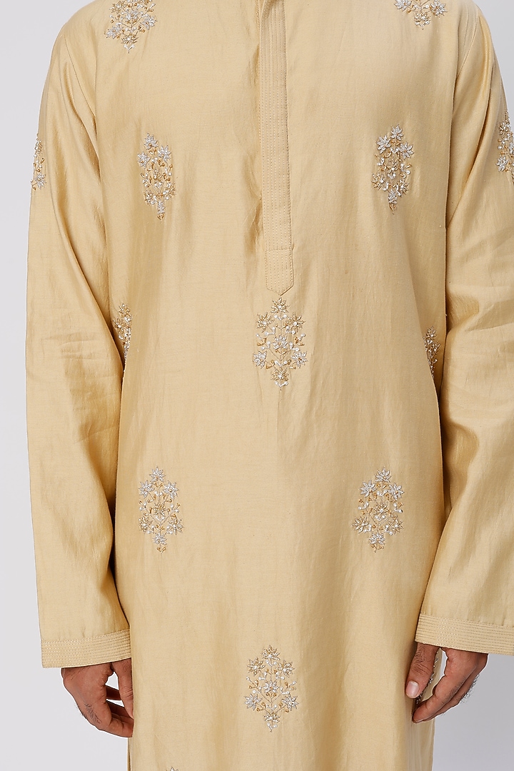 Beige Chanderi Handloom Hand Embroidered Kurta Set by Wabi Sabi Men at Pernia's Pop Up Shop