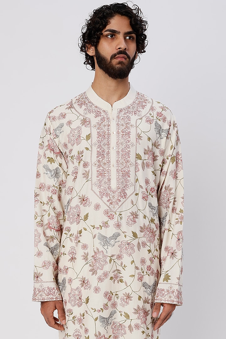 Ivory Hand Embroidered Kurta Set by Wabi Sabi Men at Pernia's Pop Up Shop