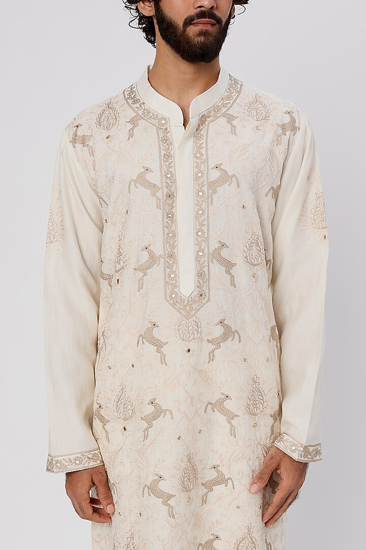 Ivory Chanderi Embroidered Kurta Set by Wabi Sabi Men at Pernia's Pop Up Shop