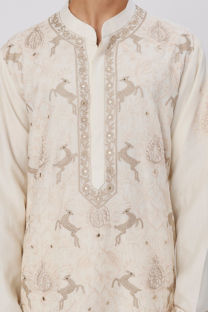 Ivory Chanderi Embroidered Kurta Set by Wabi Sabi Men at Pernia's Pop Up Shop