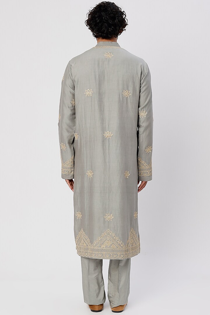 Grey Chanderi Handloom Dori Embroidered Kurta Set by Wabi Sabi Men at Pernia's Pop Up Shop
