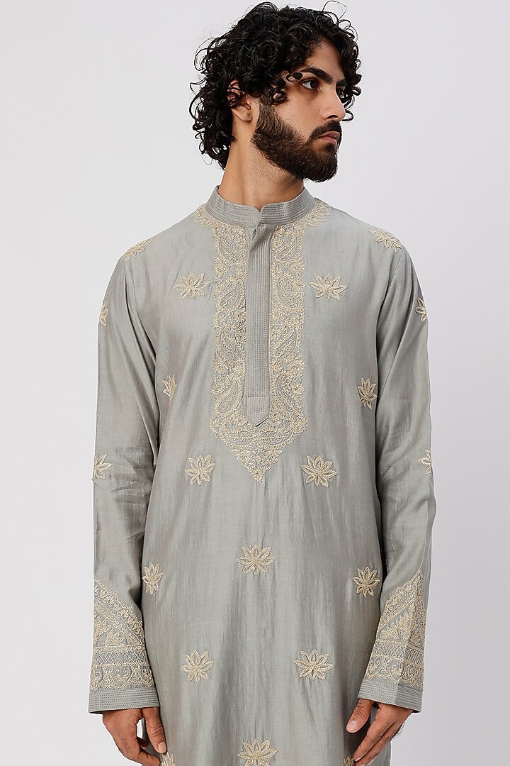 Grey Chanderi Handloom Dori Embroidered Kurta Set by Wabi Sabi Men at Pernia's Pop Up Shop