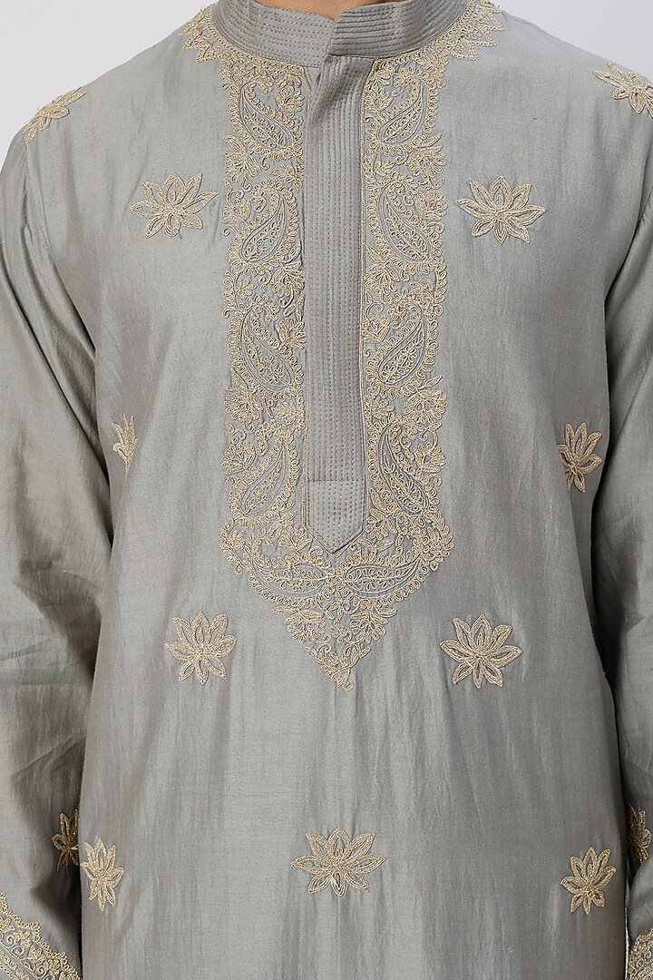 Grey Chanderi Handloom Dori Embroidered Kurta Set by Wabi Sabi Men at Pernia's Pop Up Shop