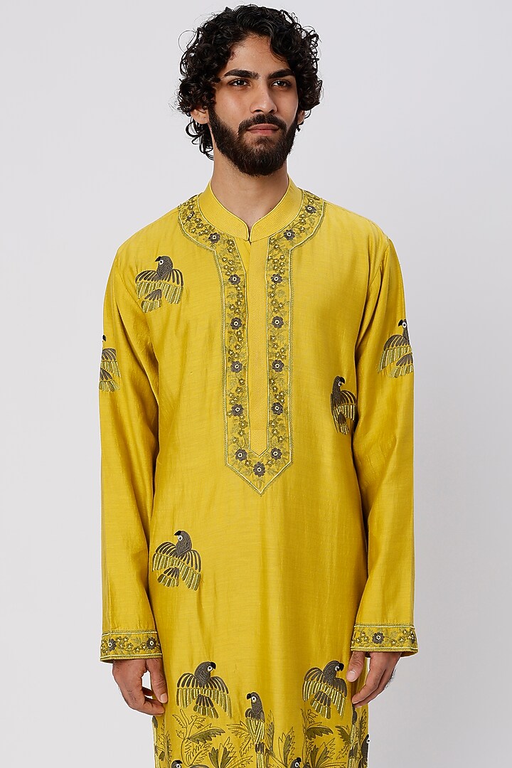 Mustard Embroidered Kurta Set by Wabi Sabi Men at Pernia's Pop Up Shop