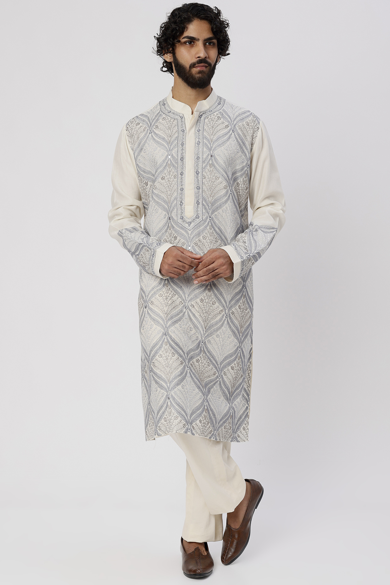 Ivory Aari Embroidered Kuta Set by WABI SABI