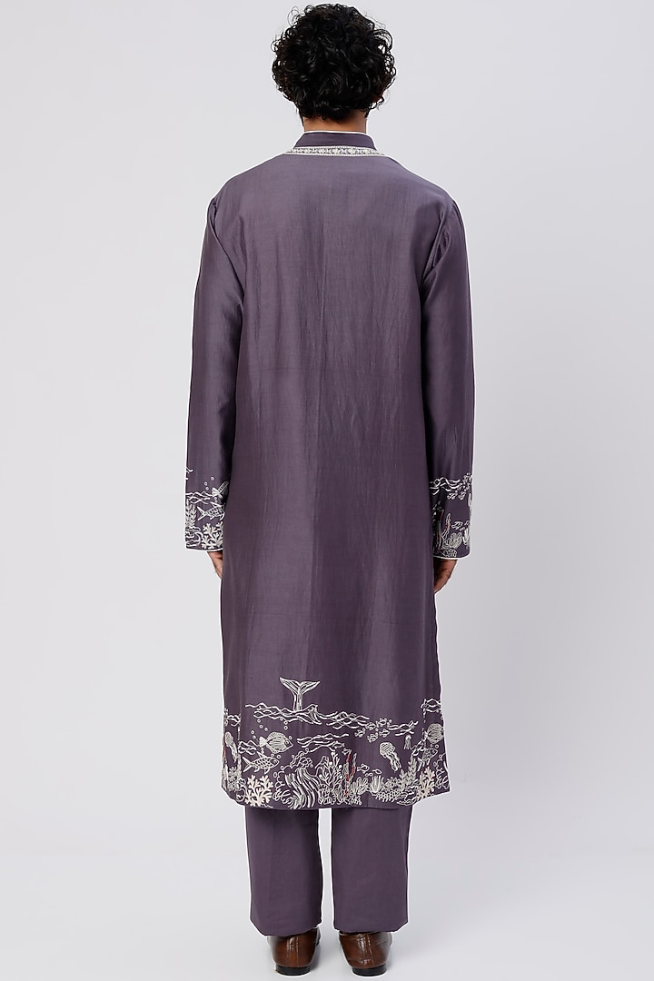 Charcoal Grey Chanderi Handloom Cutdana Hand Embroidered Kurta Set by Wabi Sabi Men at Pernia's Pop Up Shop