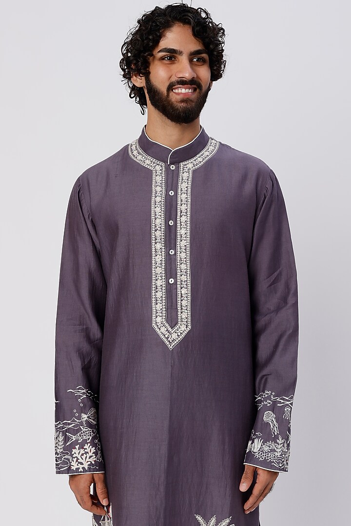 Charcoal Grey Chanderi Handloom Cutdana Hand Embroidered Kurta Set by Wabi Sabi Men at Pernia's Pop Up Shop
