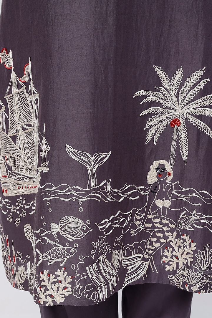 Charcoal Grey Chanderi Handloom Cutdana Hand Embroidered Kurta Set by Wabi Sabi Men at Pernia's Pop Up Shop