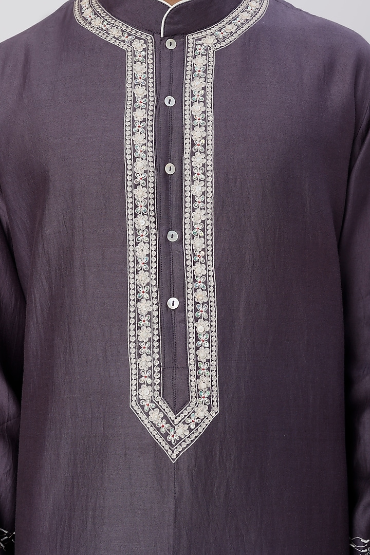 Charcoal Grey Chanderi Handloom Cutdana Hand Embroidered Kurta Set by Wabi Sabi Men at Pernia's Pop Up Shop