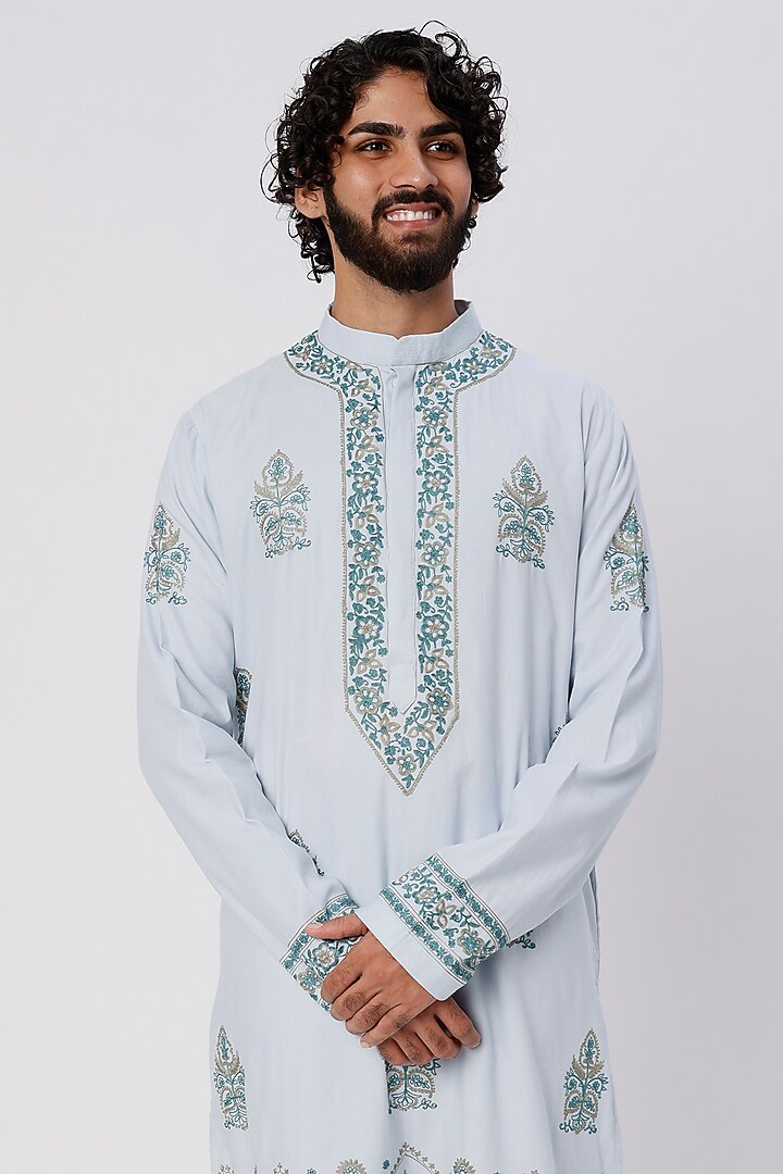 Pale Blue Embroidered Kurta Set by Wabi Sabi Men at Pernia's Pop Up Shop
