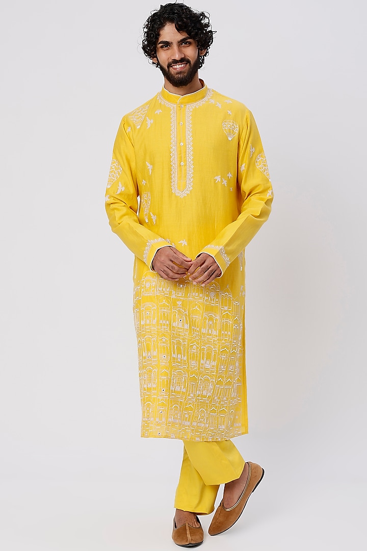 Yellow Embroidered Kurta Set by WABI SABI