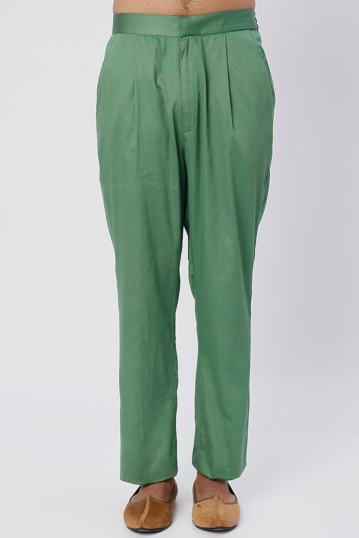 Moss Green Chanderi Handloom Aari Hand Embroidered Kurta Set by Wabi Sabi Men at Pernia's Pop Up Shop