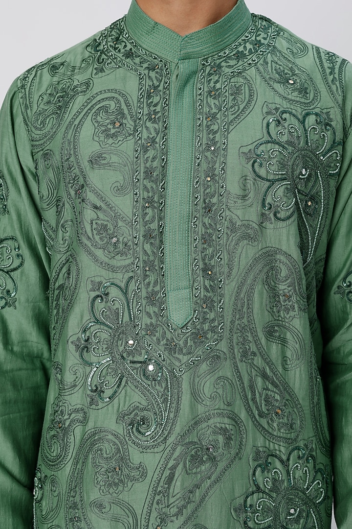 Moss Green Chanderi Handloom Aari Hand Embroidered Kurta Set by Wabi Sabi Men at Pernia's Pop Up Shop