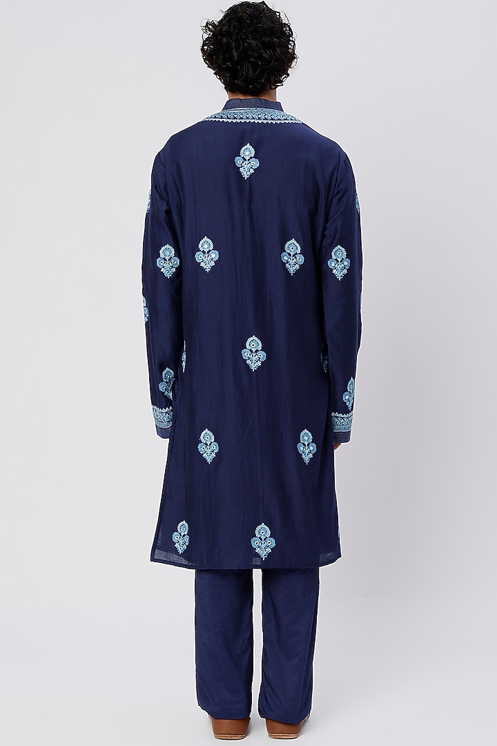 Indigo Chanderi Handloom Cutdana Hand Embroidered Kurta Set by Wabi Sabi Men at Pernia's Pop Up Shop