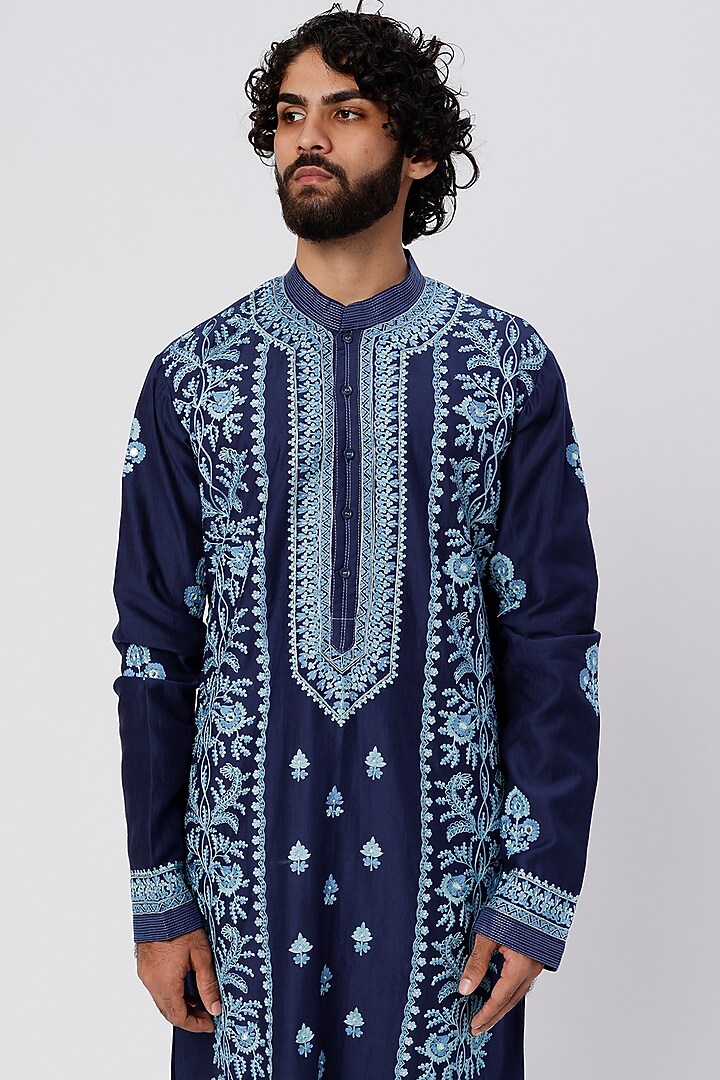 Indigo Chanderi Handloom Cutdana Hand Embroidered Kurta Set by Wabi Sabi Men at Pernia's Pop Up Shop