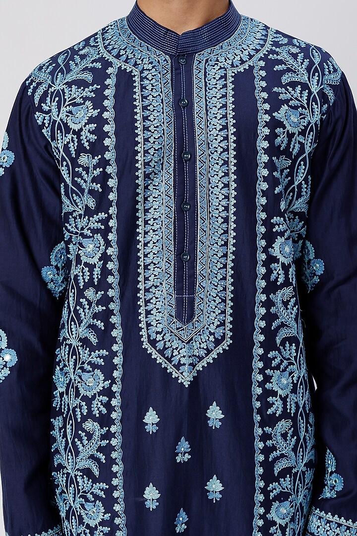 Indigo Chanderi Handloom Cutdana Hand Embroidered Kurta Set by Wabi Sabi Men at Pernia's Pop Up Shop