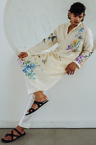 Ivory Chanderi Hand Painted Kurta Set by Wabi Sabi Men