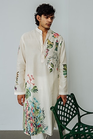 Ivory Chanderi Hand Painted Kurta Set by Wabi Sabi Men