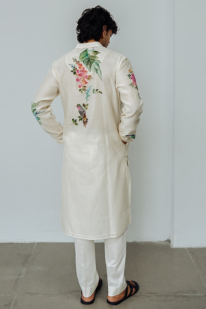 Ivory Chanderi Hand Painted Kurta Set by Wabi Sabi Men at Pernia's Pop Up Shop