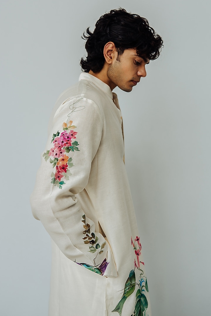 Ivory Chanderi Hand Painted Kurta Set by Wabi Sabi Men at Pernia's Pop Up Shop