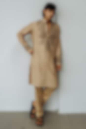 Dark Beige Chanderi Embroidered Kurta Set by Wabi Sabi Men at Pernia's Pop Up Shop
