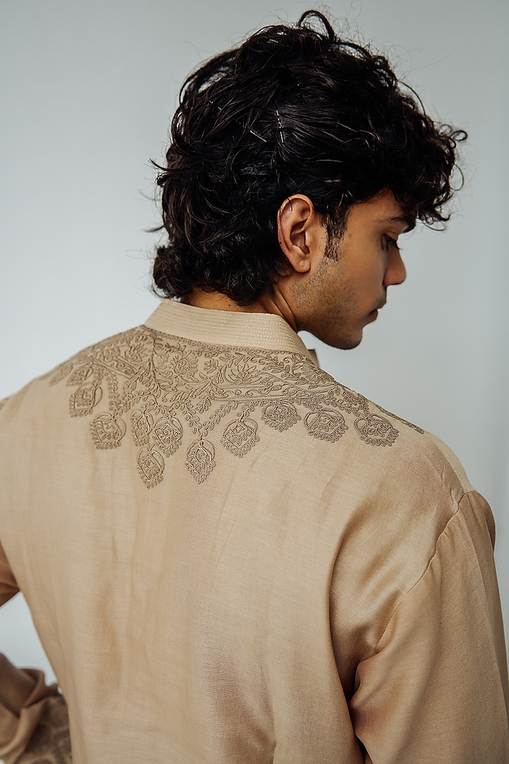 Dark Beige Chanderi Embroidered Kurta Set by Wabi Sabi Men at Pernia's Pop Up Shop