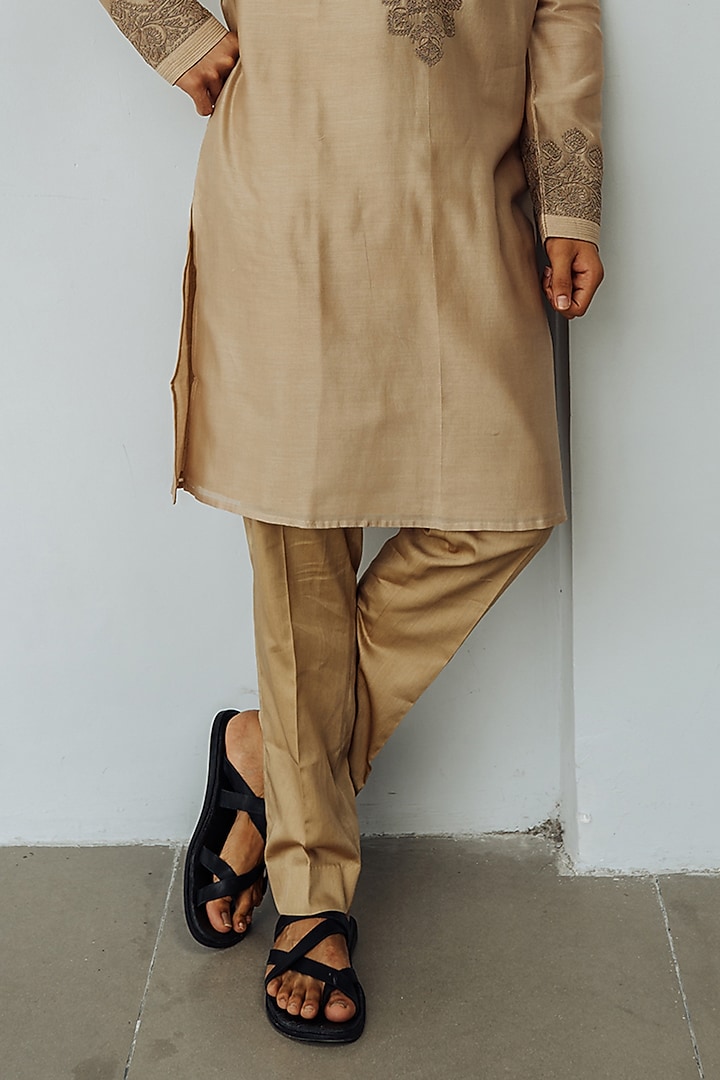 Dark Beige Chanderi Embroidered Kurta Set by Wabi Sabi Men at Pernia's Pop Up Shop